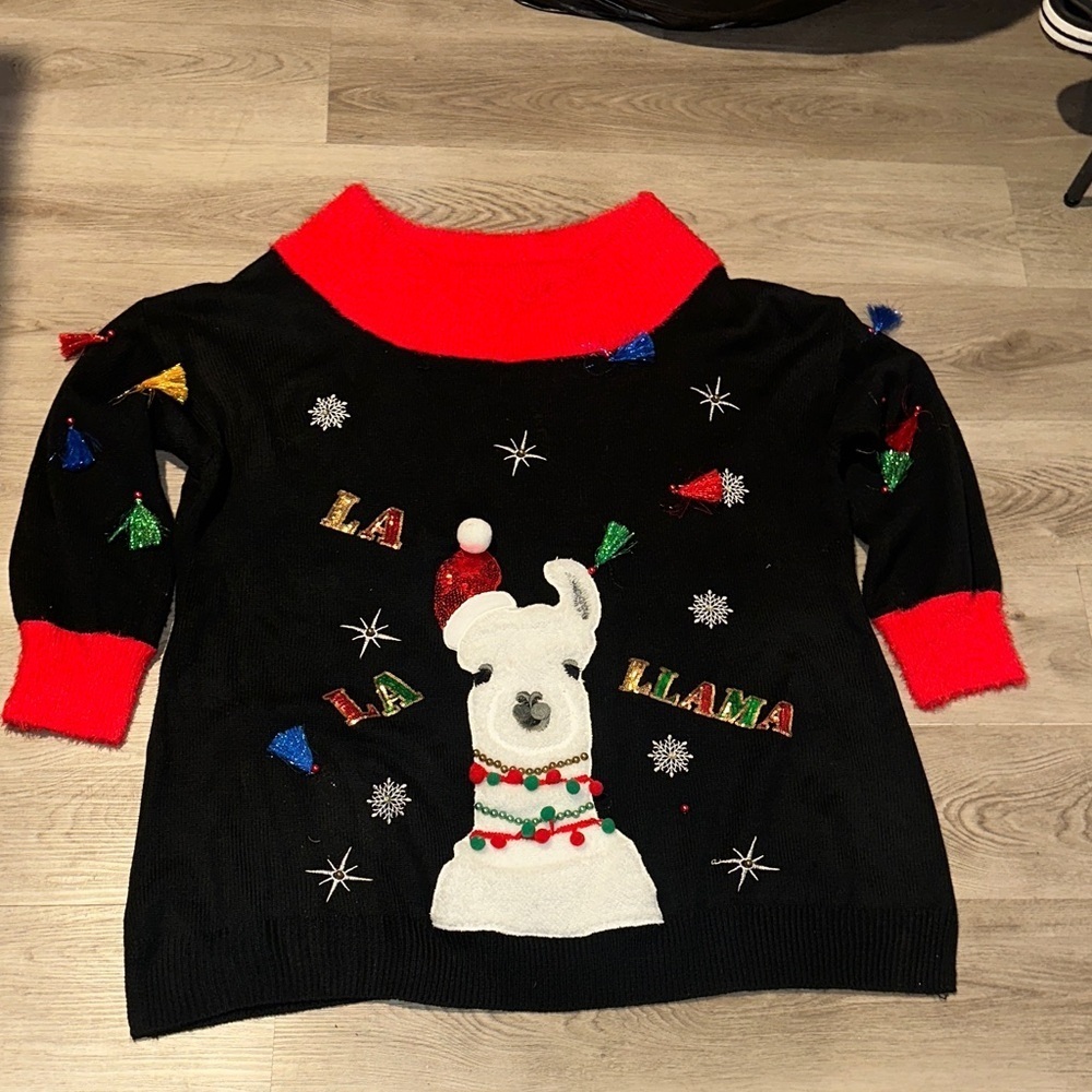 Holiday Time Festive Black Sweater with Red Cowl Neck